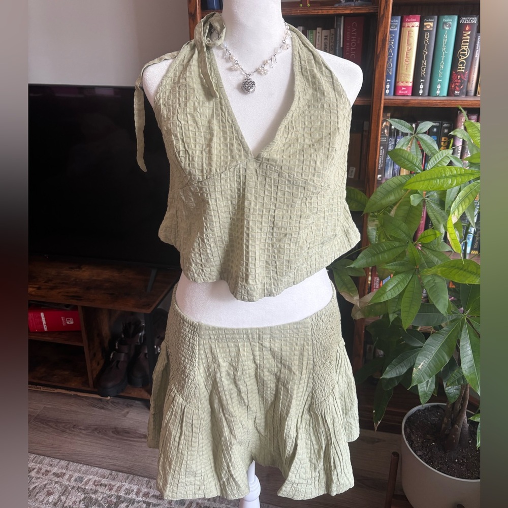 We The Free Light Green Crinkled Halter Top and Skirt Set